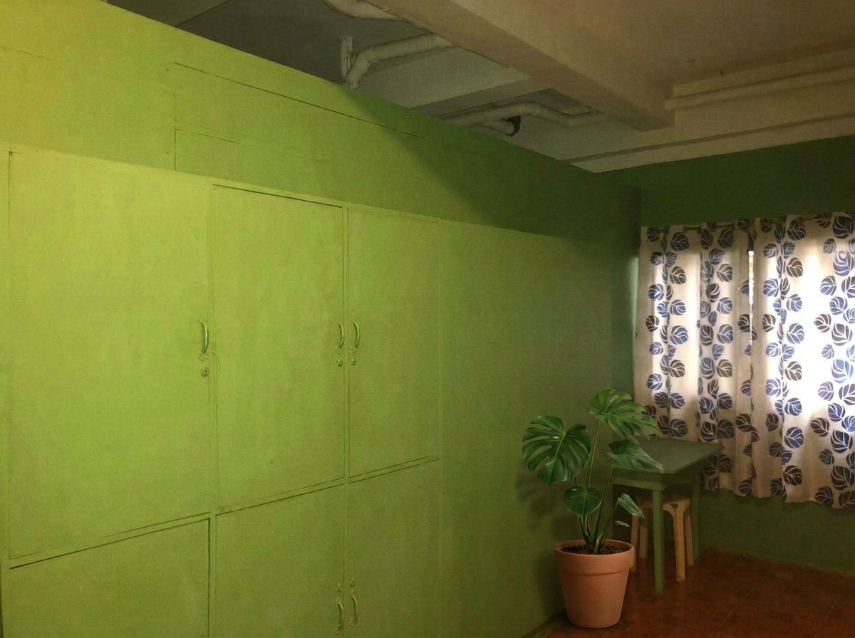 The little apartment with cabinet wall, table, natural light and a potted monstera.